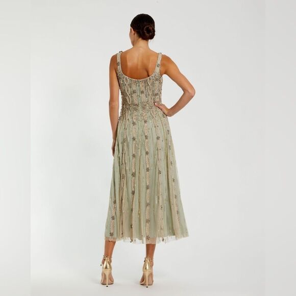 MAC DUGGAL 10078 Green Embellished Mesh Sleeveless Scoop Neck Midi Dress - Picture 5 of 14